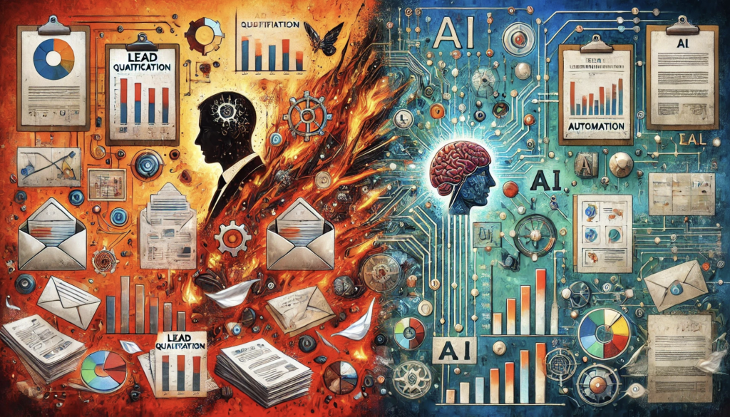Split-screen abstract illustration showing a stressed businessperson surrounded by paper charts and fire on the left, and a calm AI brain with clean circuit lines and digital charts on the right. Symbolic representation of manual lead qualification vs. AI-powered automation.